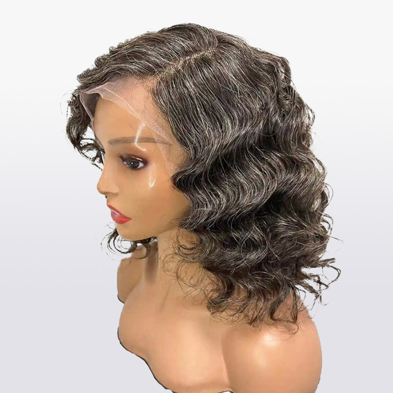 Luve Salt And Pepper Human Hair Wigs Short Wave Bob Glueless Lace Wigs