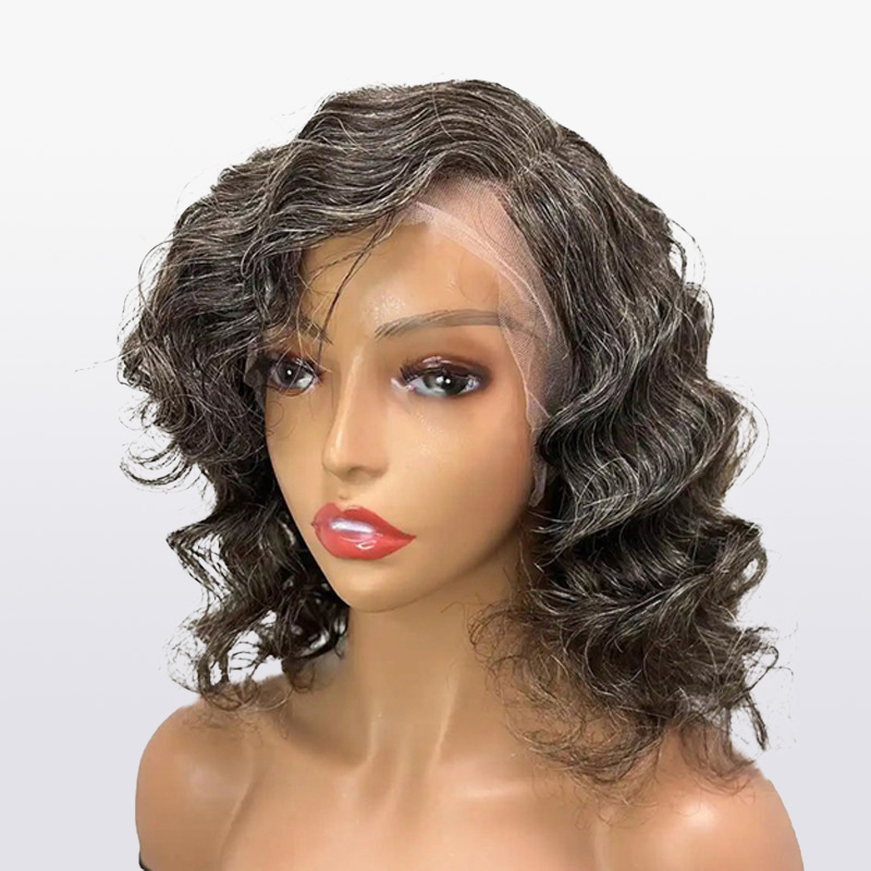 Luve Salt And Pepper Human Hair Wigs Short Wave Bob Glueless Lace Wigs