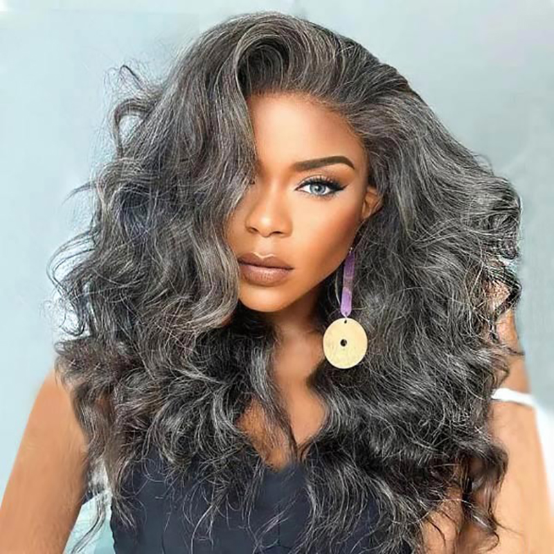 Luve Salt & Pepper Wigs Silver Grey Human Hair Wave Glueless Lace Front Wig
