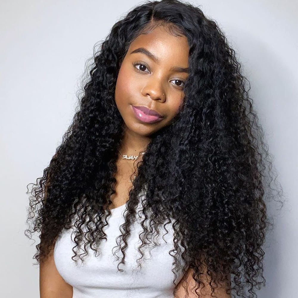 Luve Natural Black Curly Free Parting Full Lace Wigs Pre-Plucked Hairline
