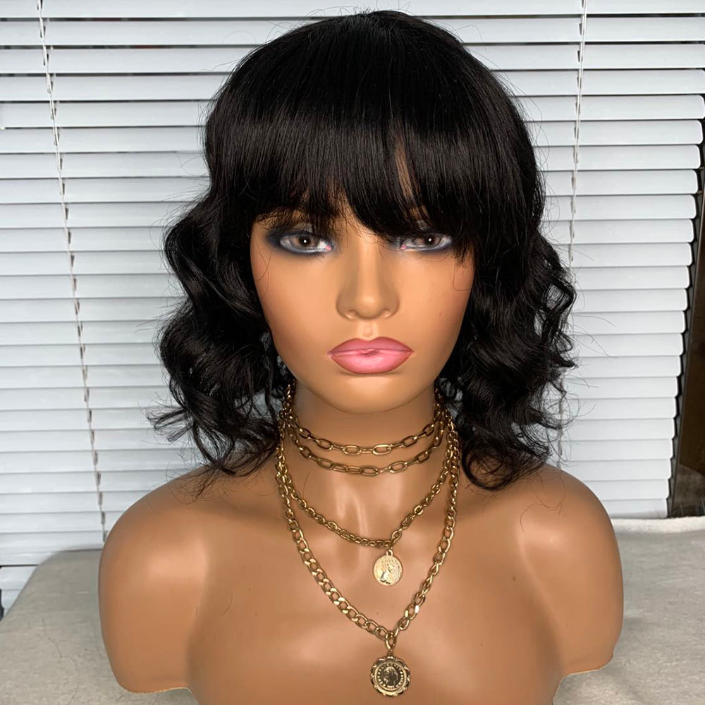 Luve Virgin Human Hair Short Bob Wig With Bangs Glueless Frontal Lace Wig