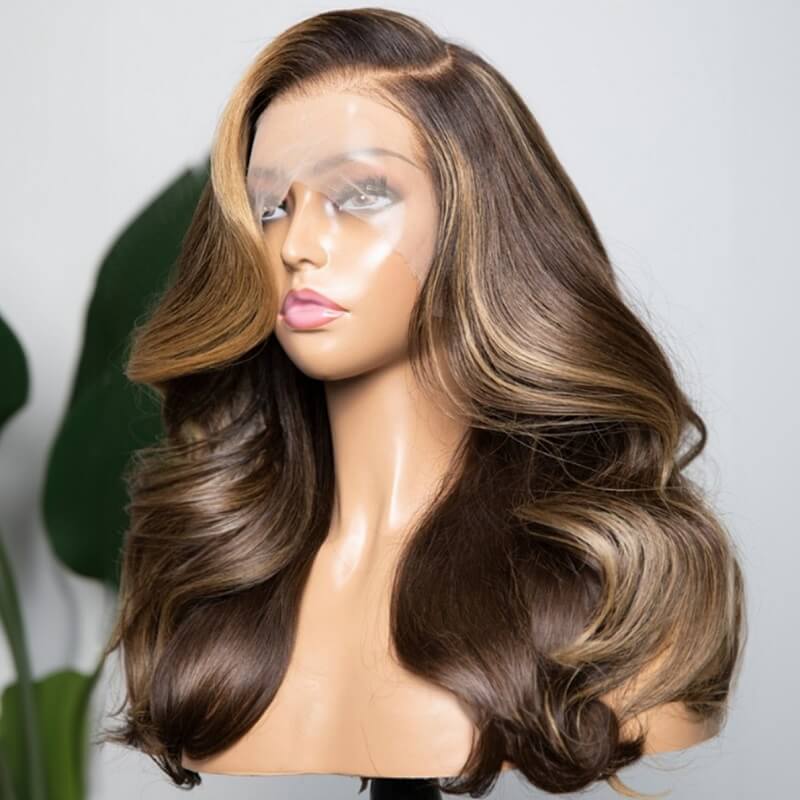 Luve13x6 HD Lace Trendy Brown Highlight Wave Glueless Virgin Hair Wig 180% Density