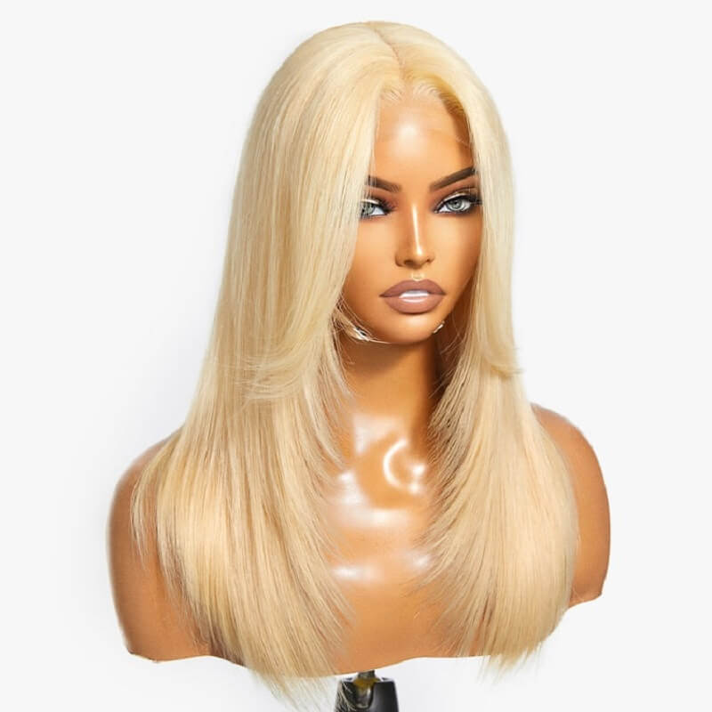 Luve 613 Blonde Bangs Layered Cut Glueless Straight Hair 5x5 Closure HD Lace Wig