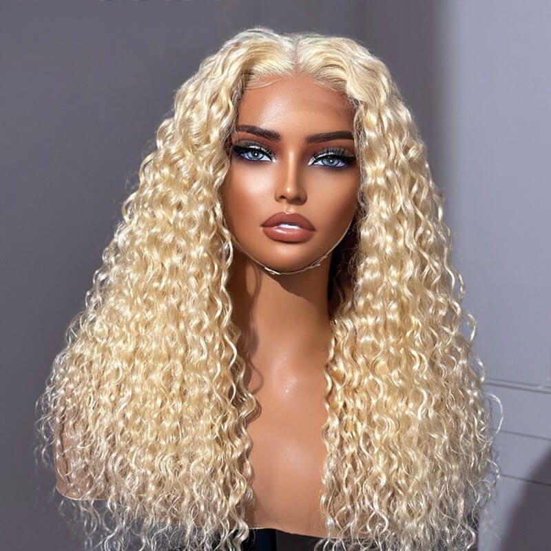 Luve 613 Blonde Water Wave Glueless 5x5 Closure HD Lace Long Curly Wig Human Hair
