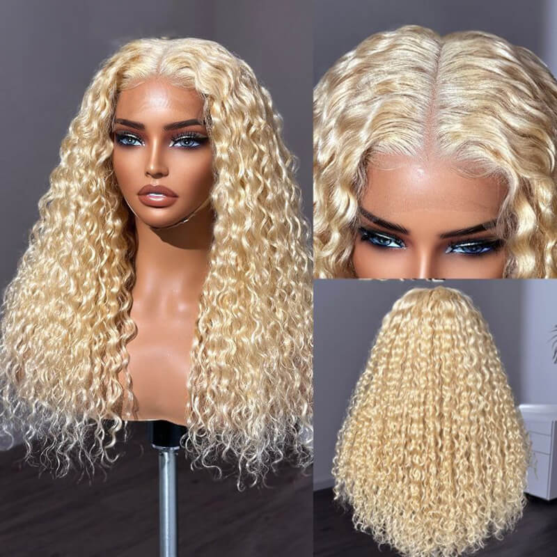 Luve 613 Blonde Water Wave Glueless 5x5 Closure HD Lace Long Curly Wig Human Hair