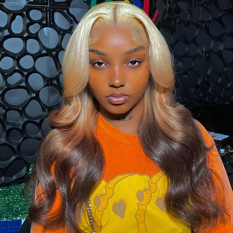 Luve 613 Ombre Blonde Brown Body Wave Lace Front Wig Transparent Lace Colored Human Hair Wigs