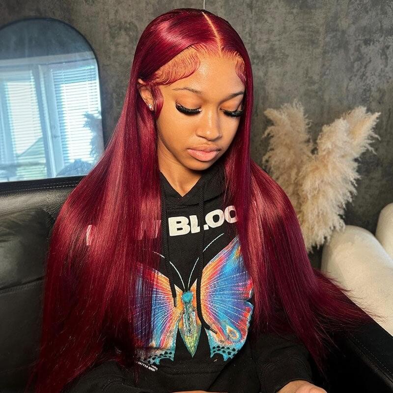 Luve #99J Burgundy Red Color Straight Lace Front Human Hair Wig