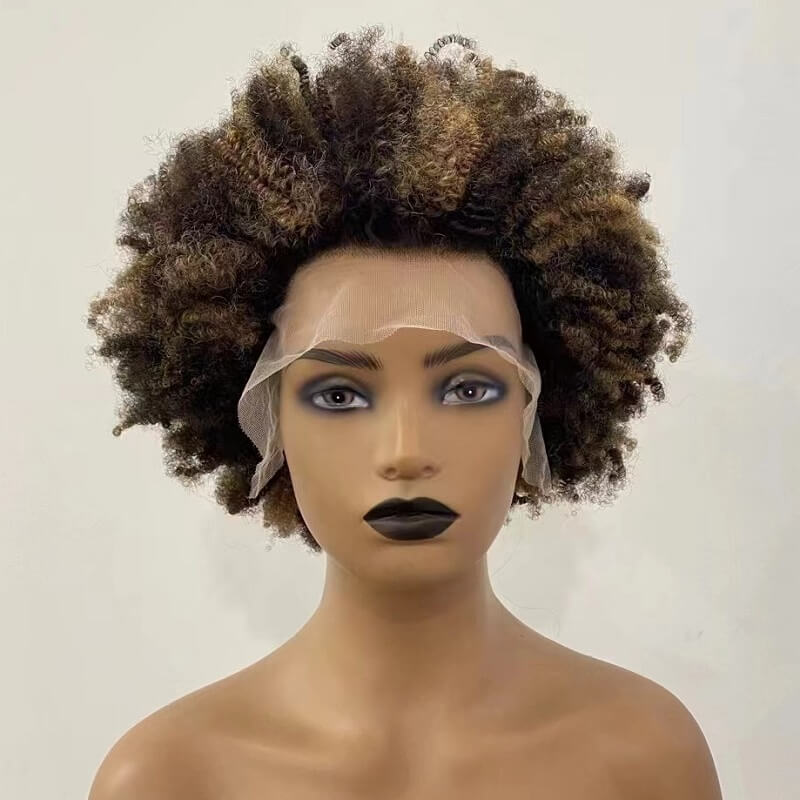 Luve Afro Curl 4/27 Color 13X4 Lace Front Wig Short Kinky Curly Wigs 100%Human Hair