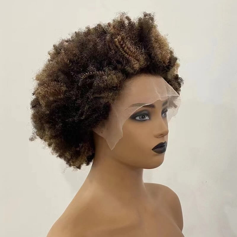 Luve Afro Curl 4/27 Color 13X4 Lace Front Wig Short Kinky Curly Wigs 100%Human Hair