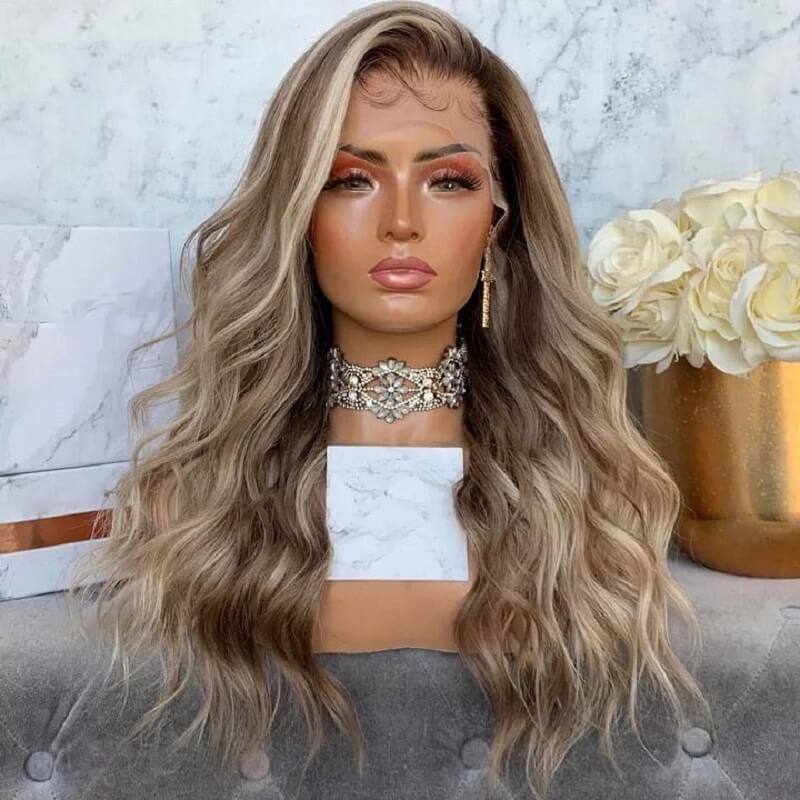 Luve Ash Blonde Wave  Glueless 13X4 Lace Front Wig With Dark Roots