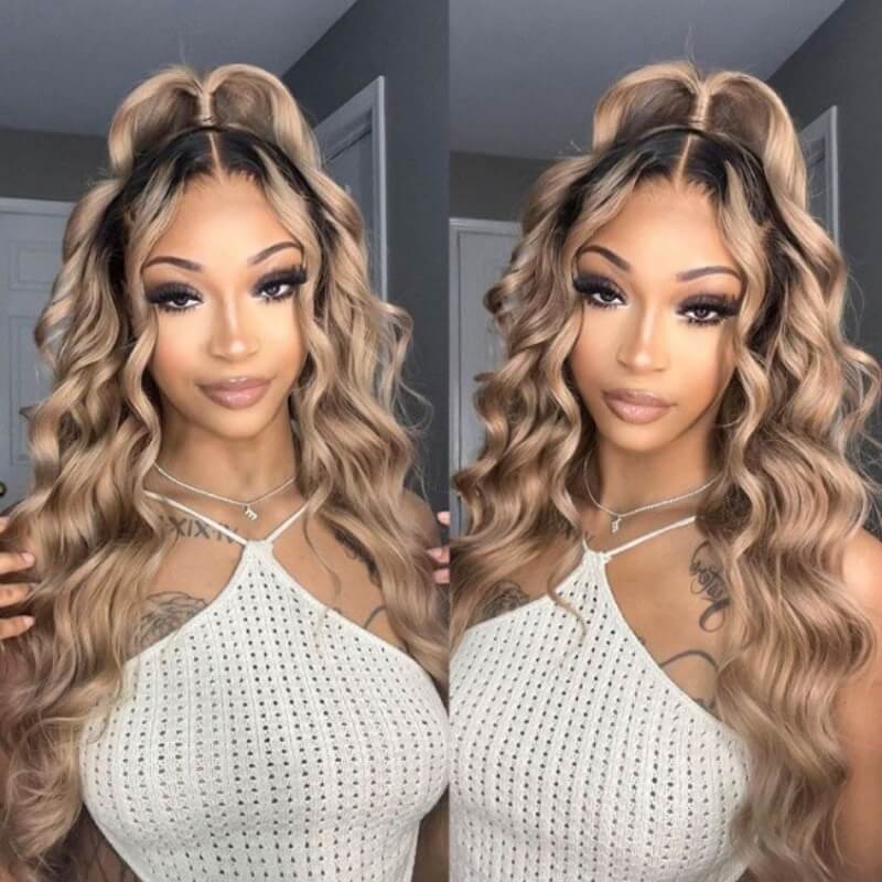 Luve Ash Blonde Wig With Dark Roots Body Wave Ombre Lace Front Human Hair Wig