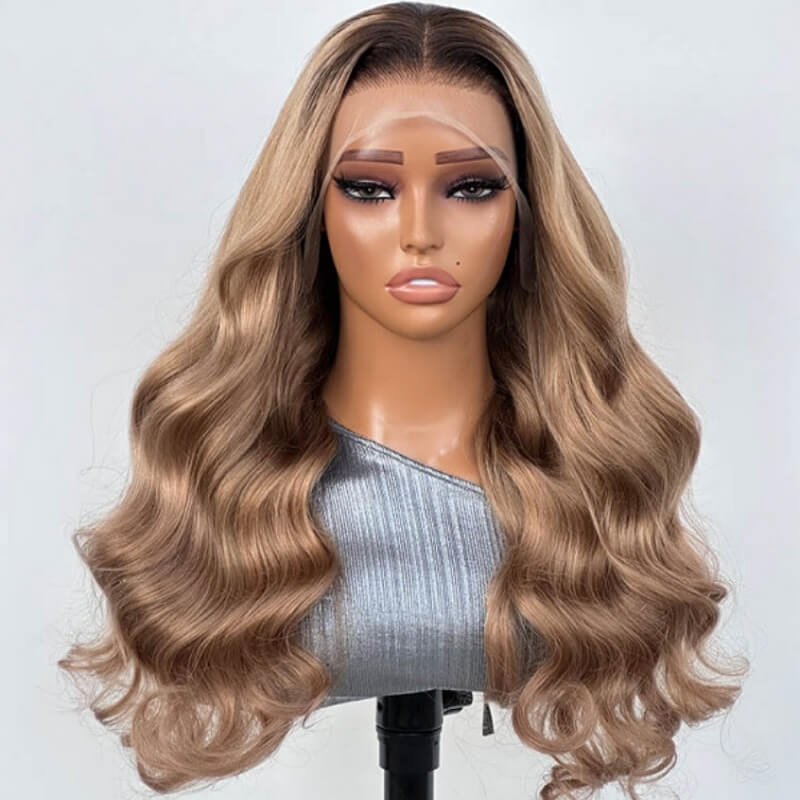 Luve Ash Blonde Wig With Dark Roots Body Wave Ombre Lace Front Human Hair Wig