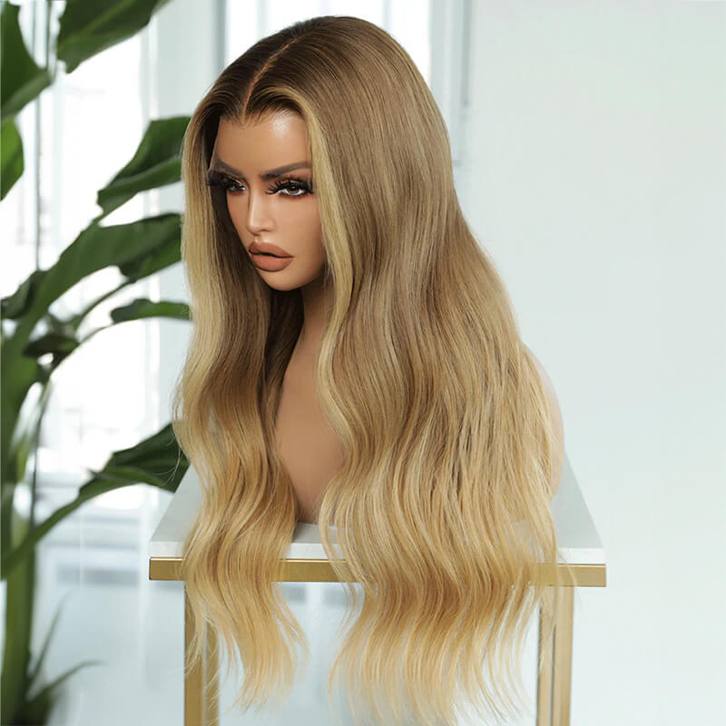 Luve Blonde Brown Natural Wave With Dark Roots Glueless 13x6 HD Lace Human Hair Wig