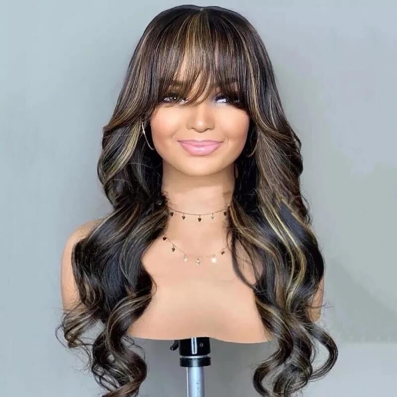Luve Blonde Highlights With NC Body Wave Glueless Frontal HD Lace Wig With Bang