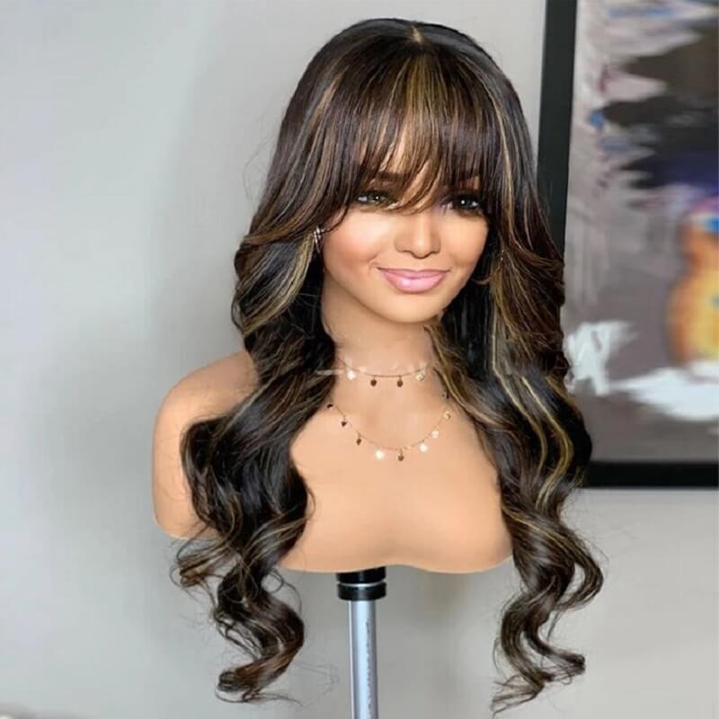 Luve Blonde Highlights With NC Body Wave Glueless Frontal HD Lace Wig With Bang