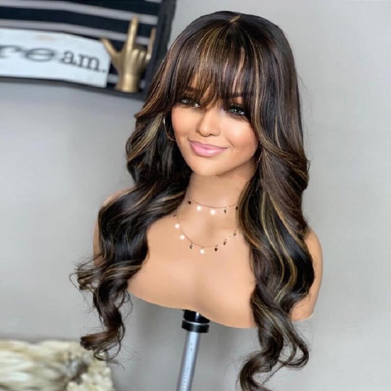 Luve Blonde Highlights With NC Body Wave Glueless Frontal HD Lace Wig With Bang