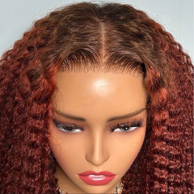 Luve Breathable Cap Reddish Brown Afro Curly 5x5 Lace Closure Wig Glueless 100% Human Hair Wig