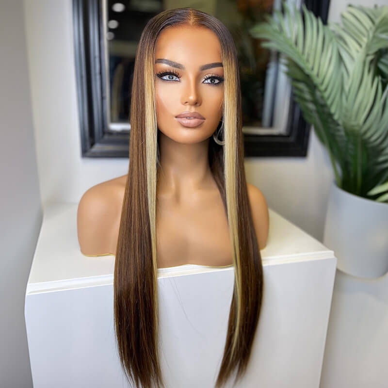 Luve Brown with Blonde Highlight Straight Glueless 5x5 Closure Lace Human Hair Wig