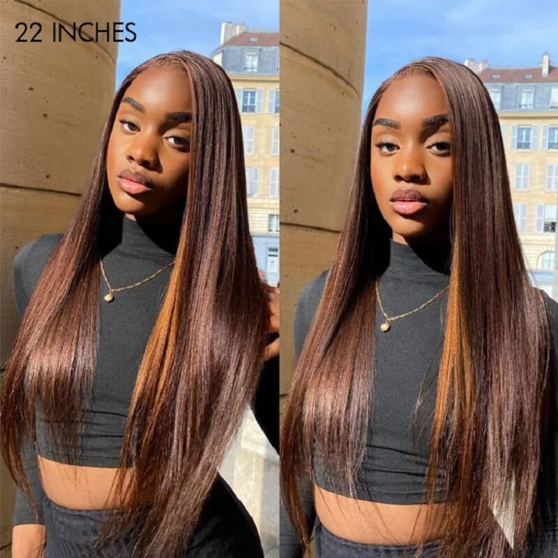 Luve Brown with Blonde Highlight Straight Human Hair Glueless 5X5 Closure Lace Wig