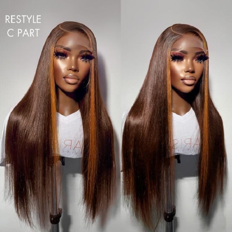 Luve Brown with Blonde Highlight Straight Human Hair Glueless 5X5 Closure Lace Wig