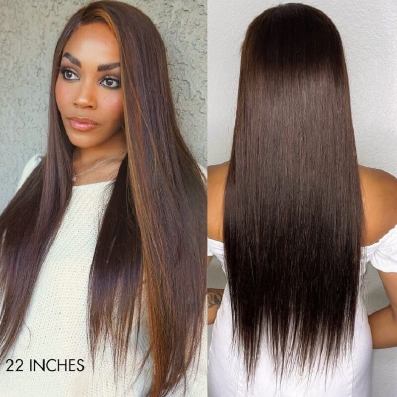 Luve Brown with Blonde Highlight Straight Human Hair Glueless 5X5 Closure Lace Wig