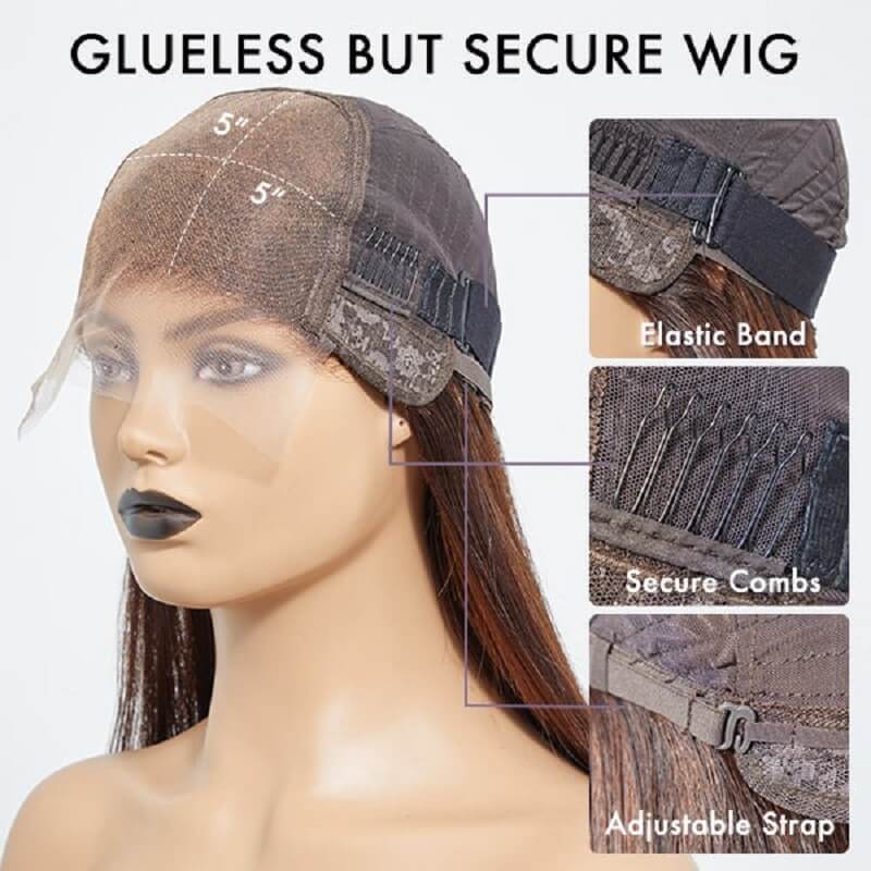 Luve Brown with Blonde Highlight Straight Human Hair Glueless 5X5 Closure Lace Wig