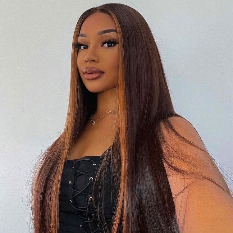 Luve Brown with Blonde Highlight Straight Human Hair Glueless 5X5 Closure Lace Wig