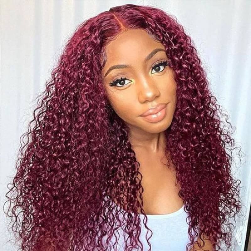 Luve Burgundy 99J Deep Curly 13X4 Lace Front Wig 180% Density Glueless Wig