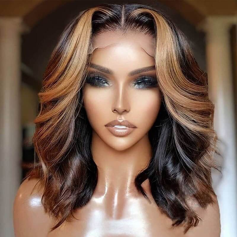 Luve Chestnut Brown with Blonde Highlights Wavy Bob HD Lace Front Wigs 180% Density