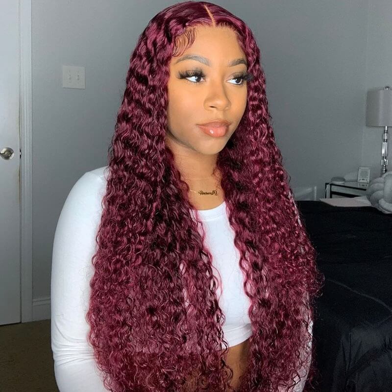 Luve Colored #99J Burgundy Deep Wave 13X4 Lace Front Wig Pre-plucked