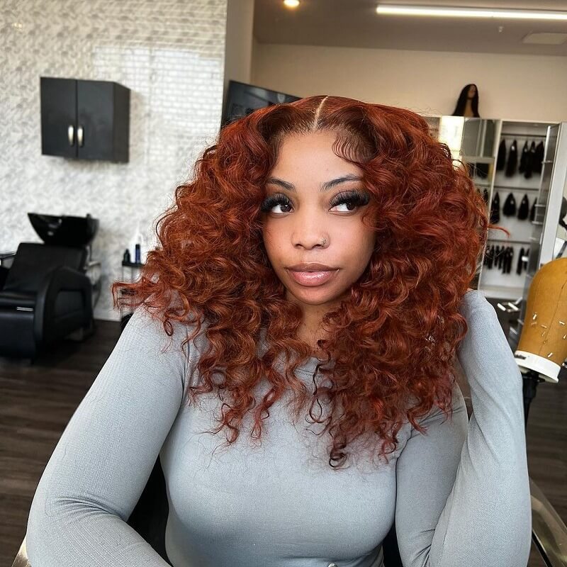 Luve Copper Colored Loose Deep Wave Wigs Middle Part Auburn Hunman Hair Wigs