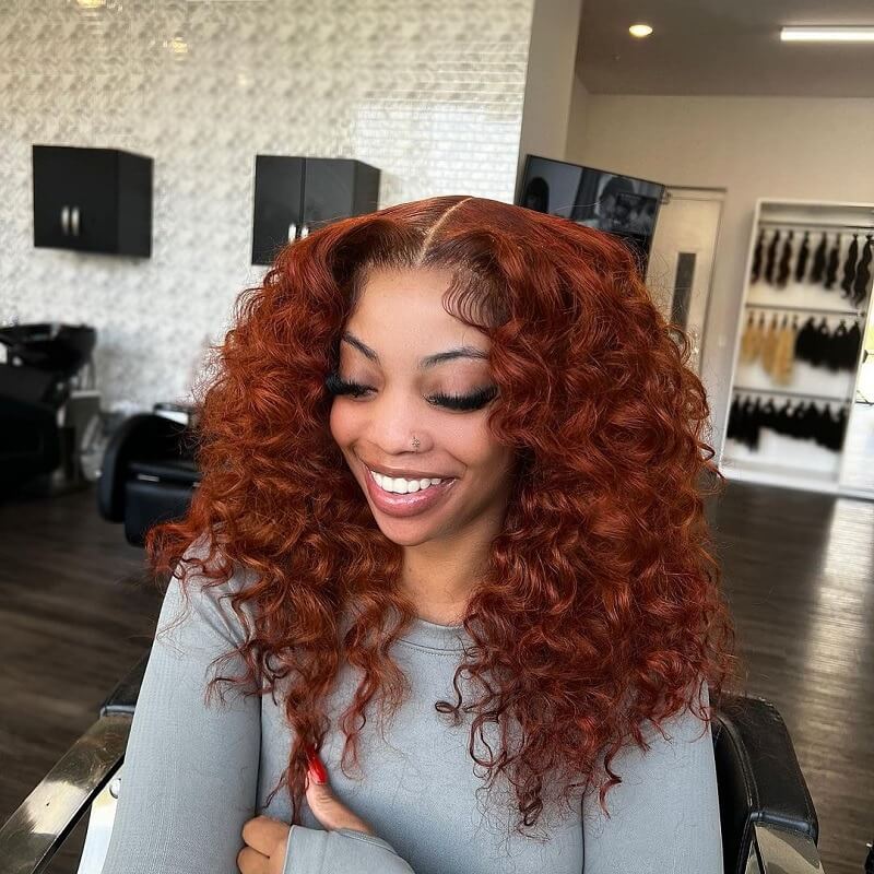 Luve Copper Colored Loose Deep Wave Wigs Middle Part Auburn Hunman Hair Wigs