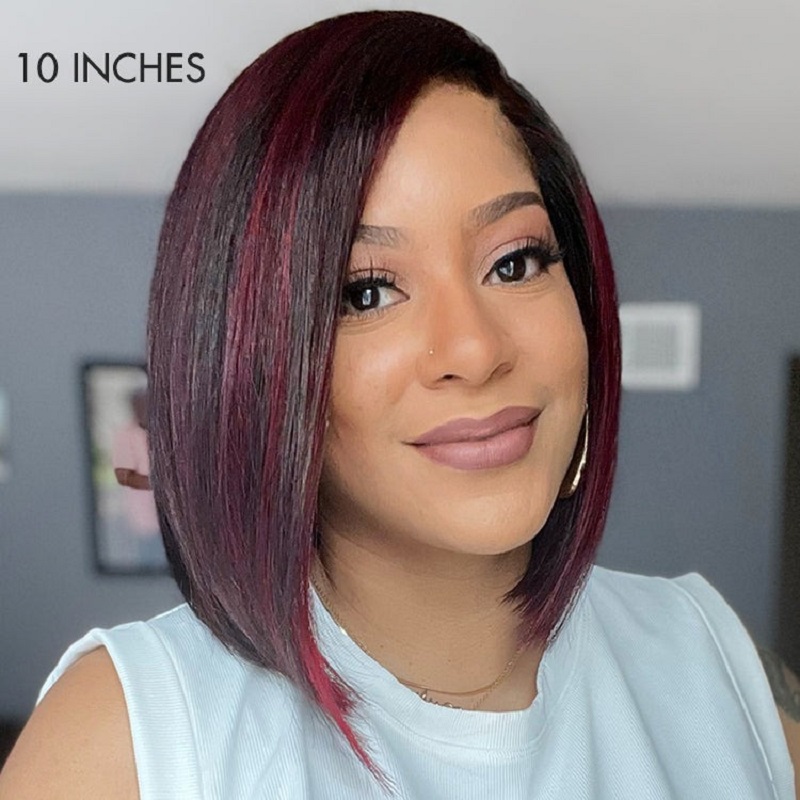 Luve Dark Red Highlights 5X5 Lace Bob Wig Straight Hair Glueless Beginner Friendly