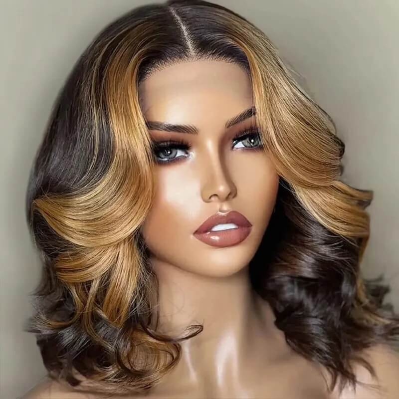 Luve Glueless Highlight Brown Loose Body Wave 5X5 Lace Bob Human Hair Wig