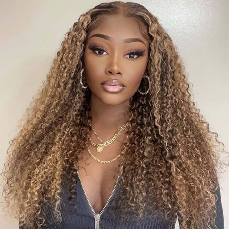 Luve Glueless Honey Blonde Highlight Curly Wigs  13X4 Lace Front Wig 