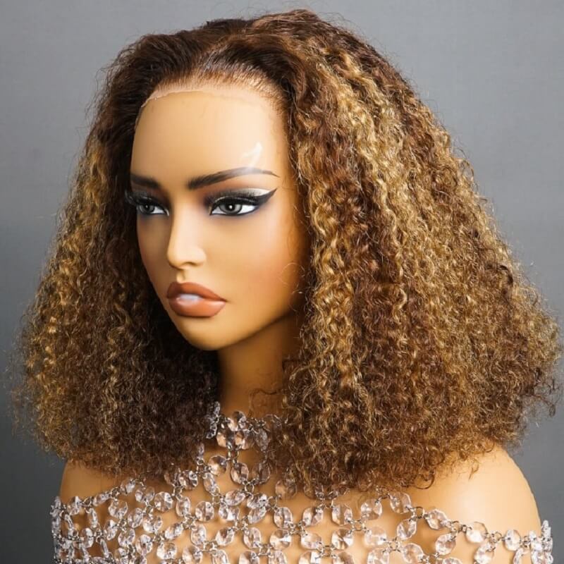 Luve Highlight Blonde Curly Short Bob P4/27 Colored Brown Lace Front Wig