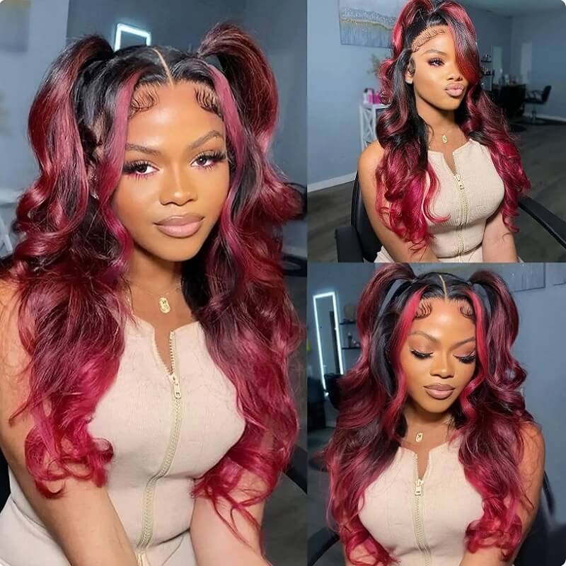Luve Highlight Burgundy 13x4 Lace Front Wigs1B/99J Rose Red Body Wave Human Hair Wigs