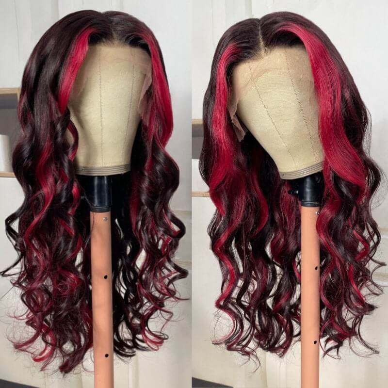 Luve Highlight Burgundy 13x4 Lace Front Wigs1B/99J Rose Red Body Wave Human Hair Wigs