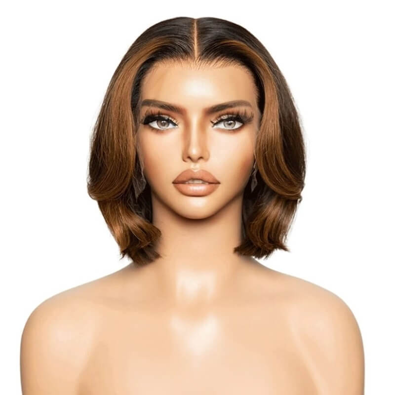 Luve Highlight Dark Brown Mid Part Bob Wigs Glueless Layered Cut HD Lace Front Wigs 