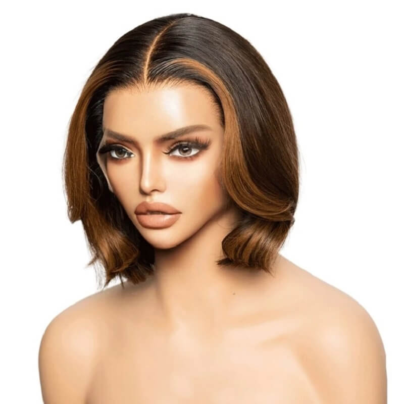 Luve Highlight Dark Brown Mid Part Bob Wigs Glueless Layered Cut HD Lace Front Wigs 
