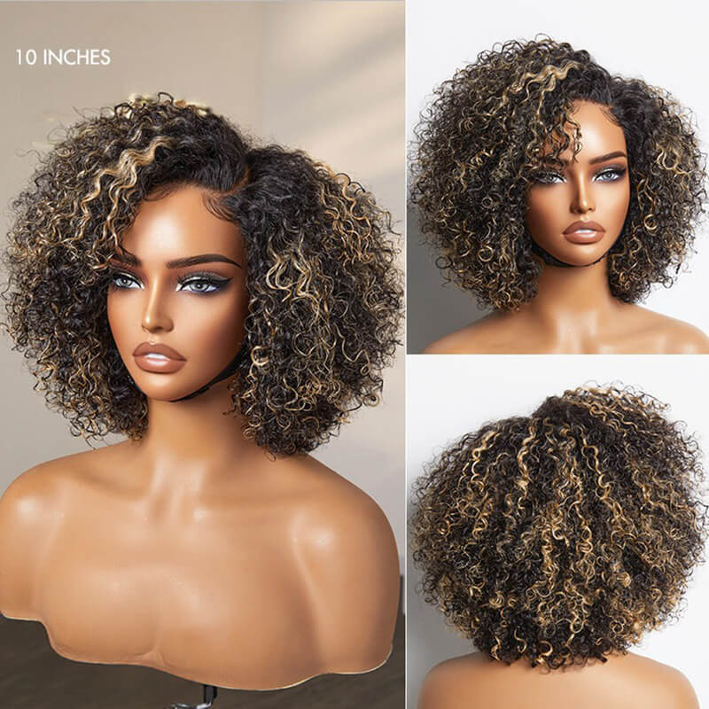Luve Honey Blonde Highlight Kinky Curly Glueless 5X5 Closure HD Lace Classic Short Wig