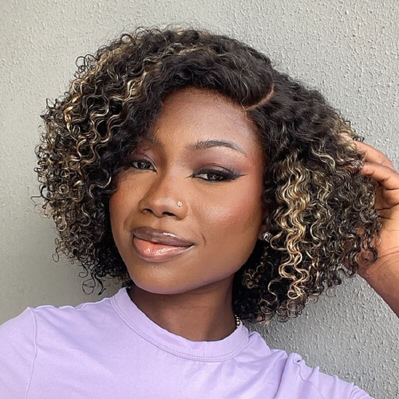 Luve Honey Blonde Highlight Kinky Curly Glueless 5X5 Closure HD Lace Classic Short Wig