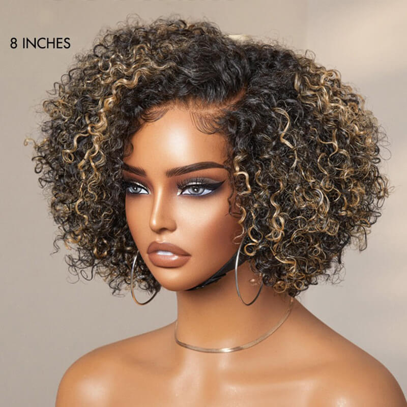 Luve Honey Blonde Highlight Kinky Curly Glueless 5X5 Closure HD Lace Classic Short Wig
