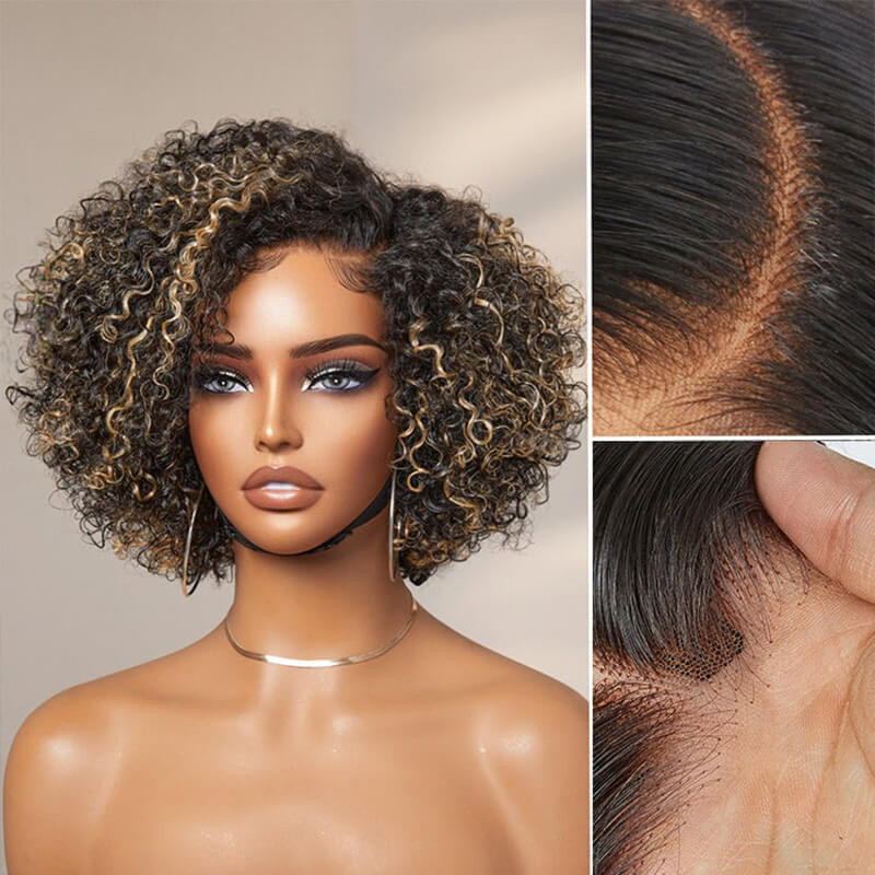 Luve Honey Blonde Highlight Kinky Curly Glueless 5X5 Closure HD Lace Classic Short Wig