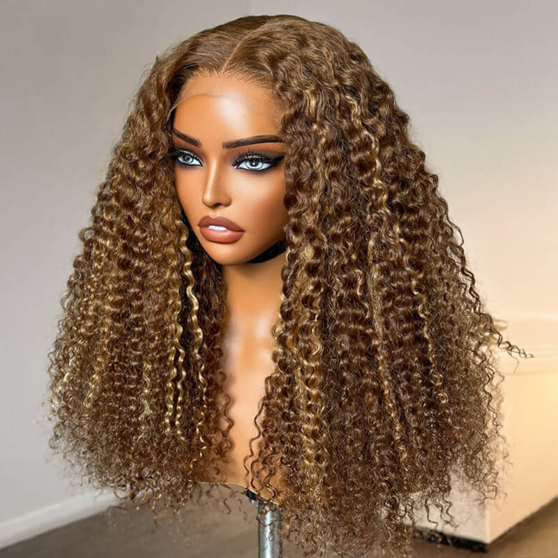 Luve Honey Blonde Highlight Kinky Curly Glueless  5X5 |13X4 HD Lace Front Wig
