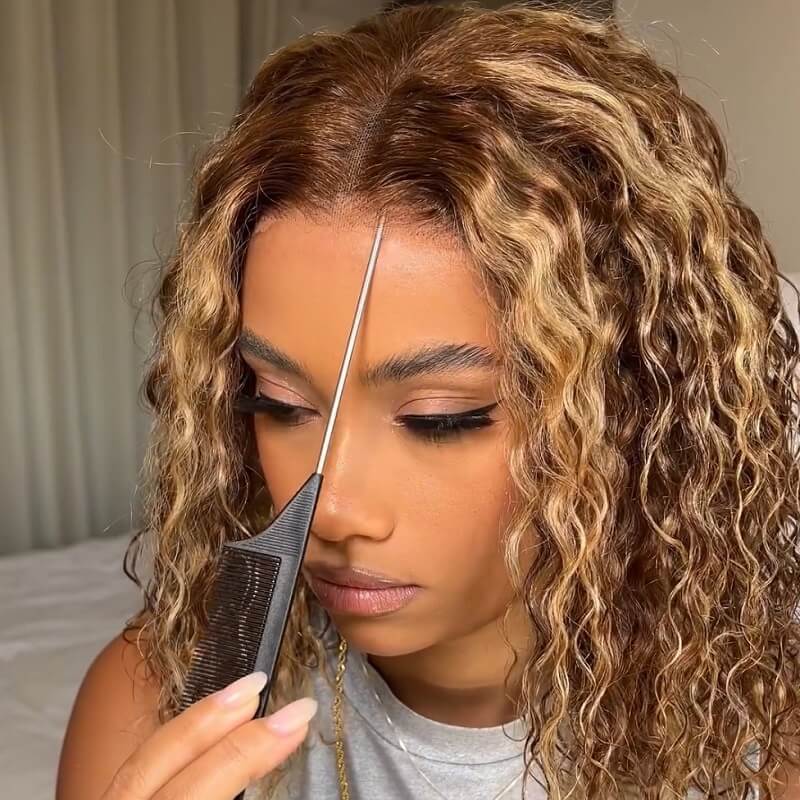 Luve Honey Blonde Highlights Short Curly Bob Wig 5X5 HD Lace Wig Water Wave  Human Hair Wigs