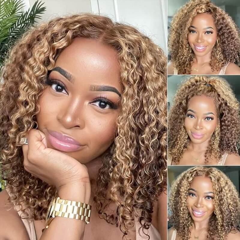 Luve Honey Brown Highlight Glueless V Part Wig Kinky Curly Wigs Beginner Friendly