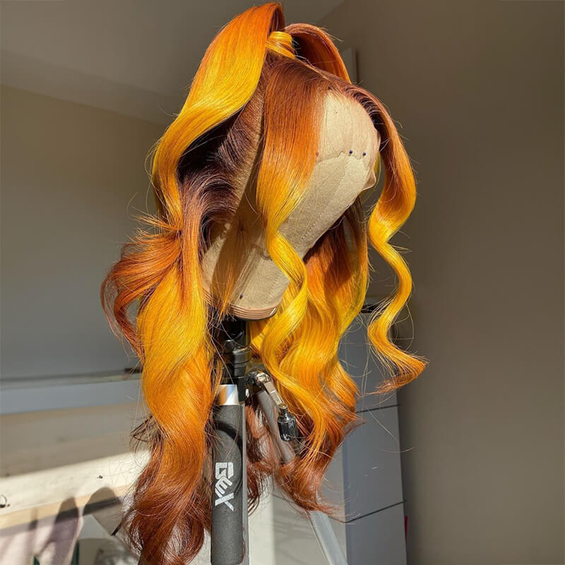Luve Honey Brown Ombre Ginger Color Short Bob Wave Glueless 5X5 Lace Closure Wig Mid Part