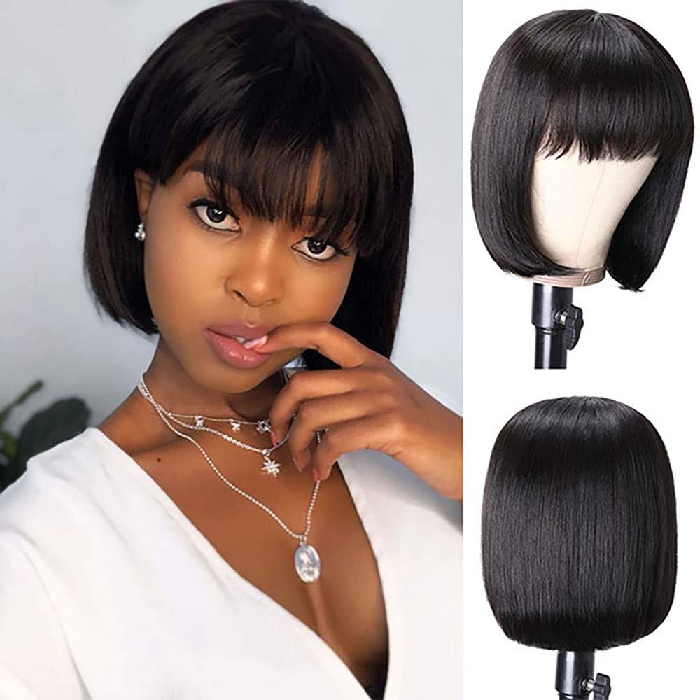 Luve Virgin Human Hair Short Bob Wig With Bangs Glueless Frontal Lace Wig