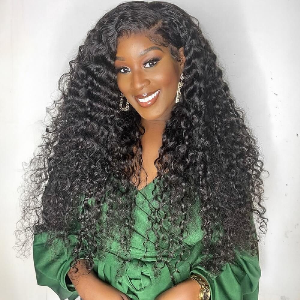 Luve Natural Black Curly Free Parting Full Lace Wigs Pre-Plucked Hairline